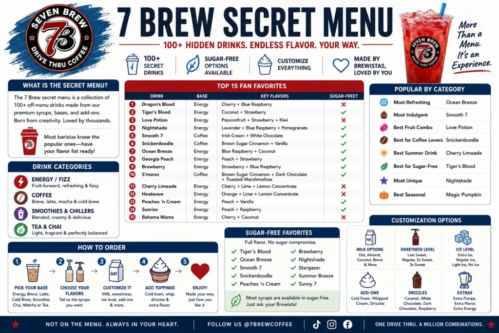 7 Brew Secret Menu: 126 Drinks (Updated June 2026) 2 7 Brew Secret Menu infographic featuring 100+ hidden drinks, top fan favorites, sugar-free options, drink categories, ordering steps, and customization tips for 2026.