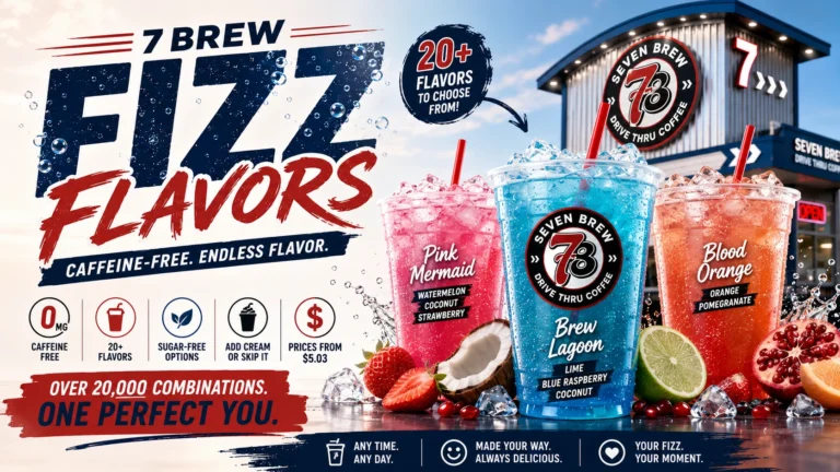 Announcement of 7 Brew Fizz flavors, a new restaurant set to open soon, showcasing vibrant drink options.