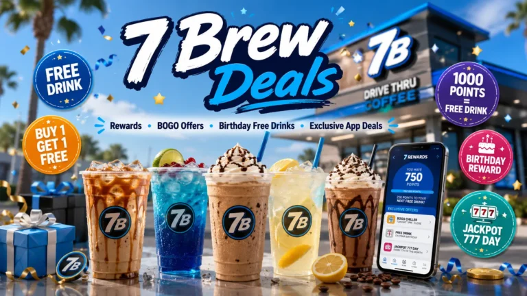 Visual showcasing the phrase "7 Brew Deals" with dynamic typography, emphasizing exciting beverage promotions.