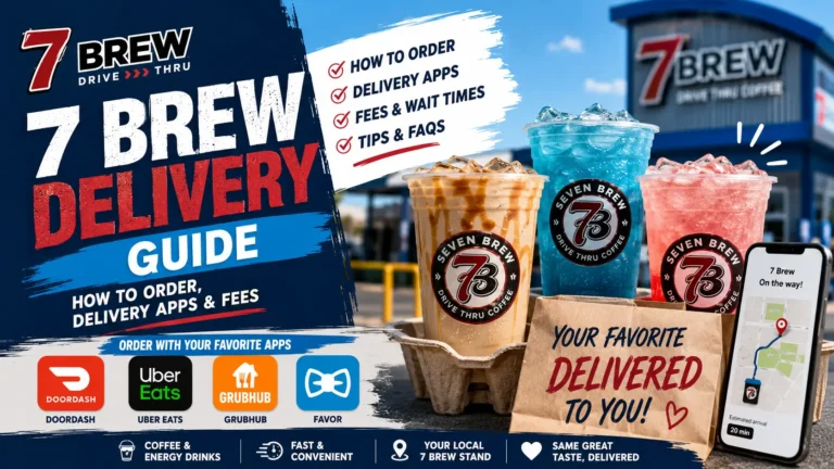 A guide for 7 Brew Delivery, showcasing menu items and delivery options for customers.