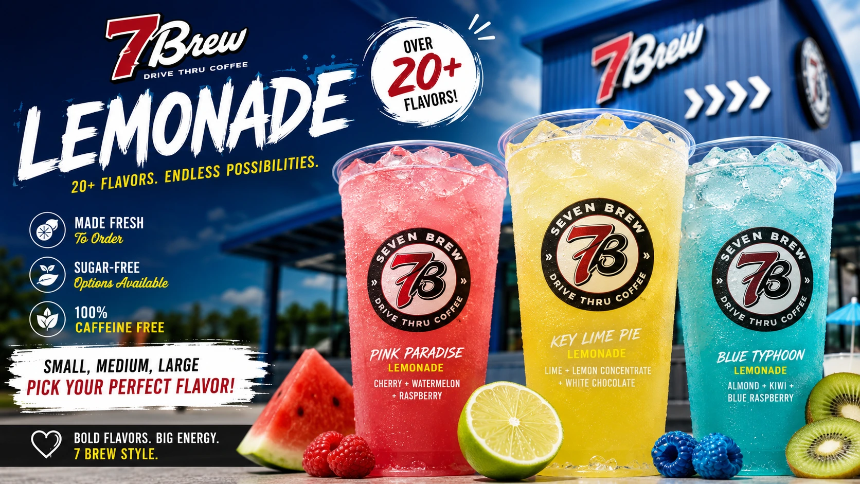 Three plastic cups of 7 Brew lemonades in pink, yellow, and blue flavors with fresh fruit garnishes against a blue drive-thru building background.