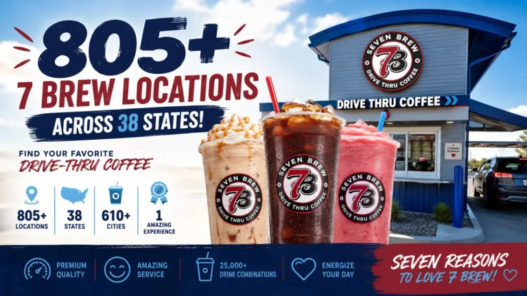 Seven Brew coffee shop exterior with three iced drinks in the foreground, showcasing 805 7 Brew locations across 38 states and various brand service icons.