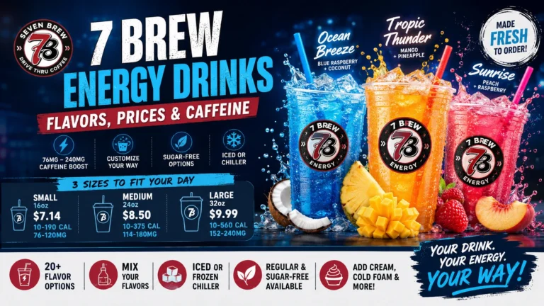 A display of ten different-flavored 7 Brew energy drinks, highlighting their colorful packaging.