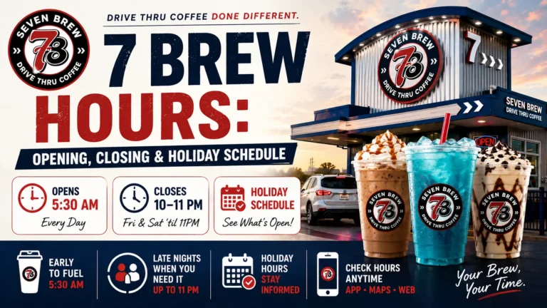 7 Brew Hours flyer showcasing the coffee shop's schedule and unique promotions for customers.