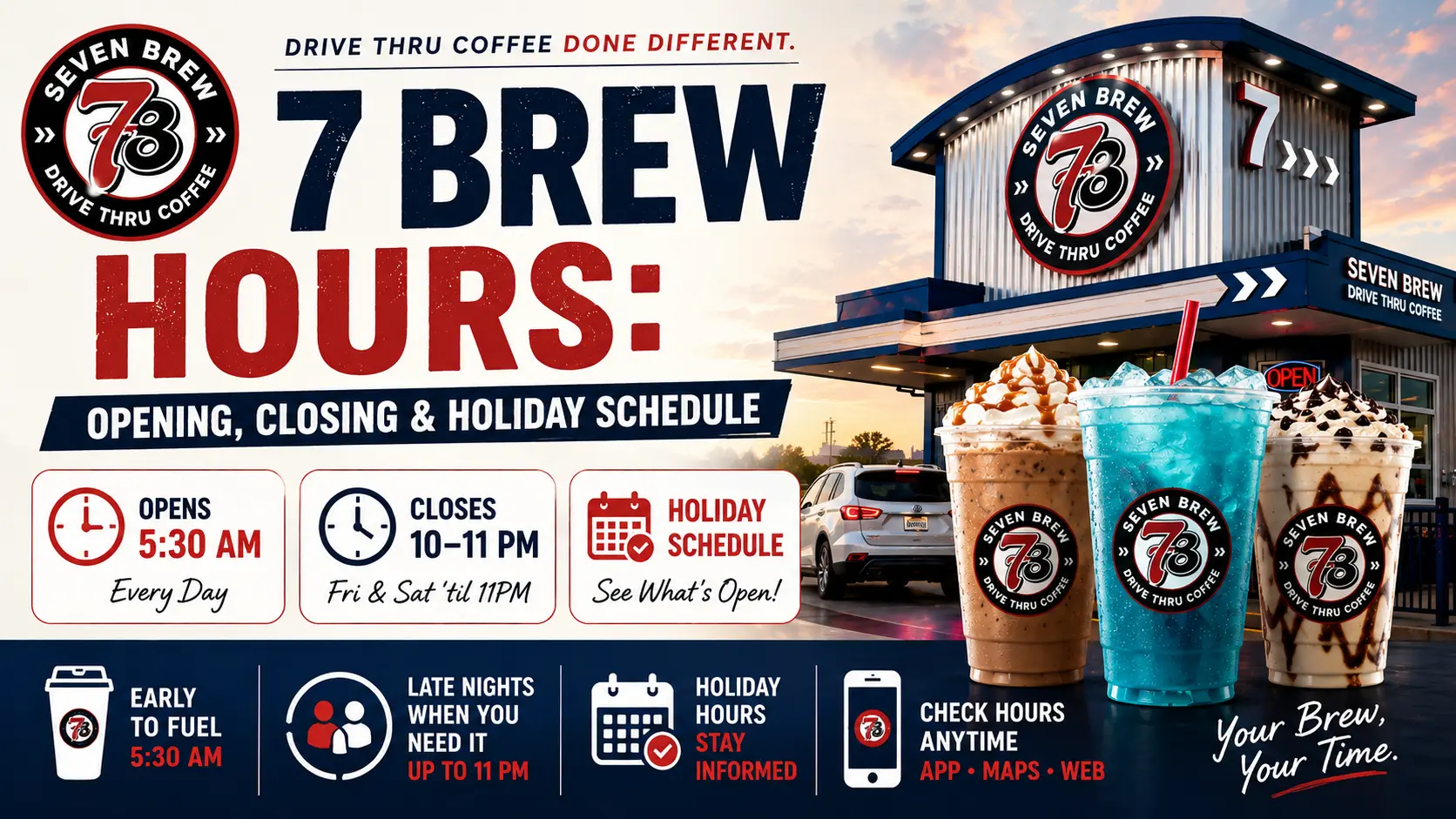 7 Brew Hours flyer showcasing the coffee shop's schedule and unique promotions for customers.
