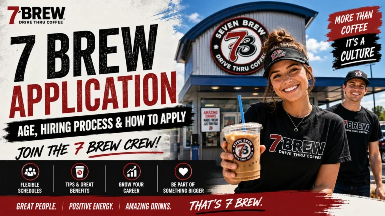 A visual representation of 7 Brew Application process, age, pay, and hiring process.