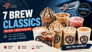 A display of 7 Brew classics, showcasing various coffee drinks at a vibrant coffee shop.