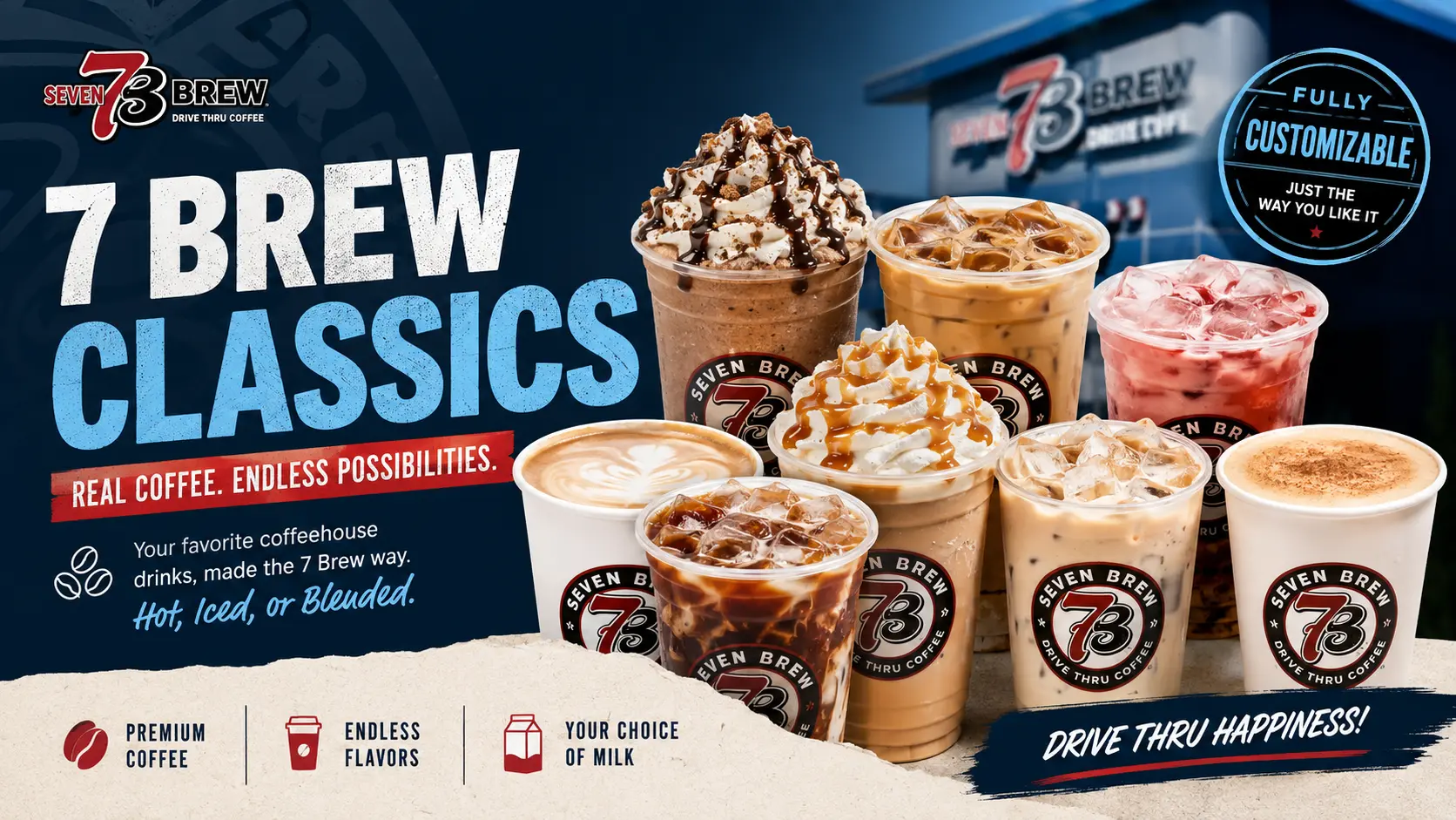 A display of 7 Brew classics, showcasing various coffee drinks at a vibrant coffee shop.