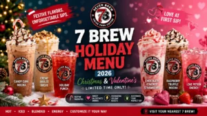 Display of 7 Brew holiday menu, featuring a variety of seasonal drinks and festive items.
