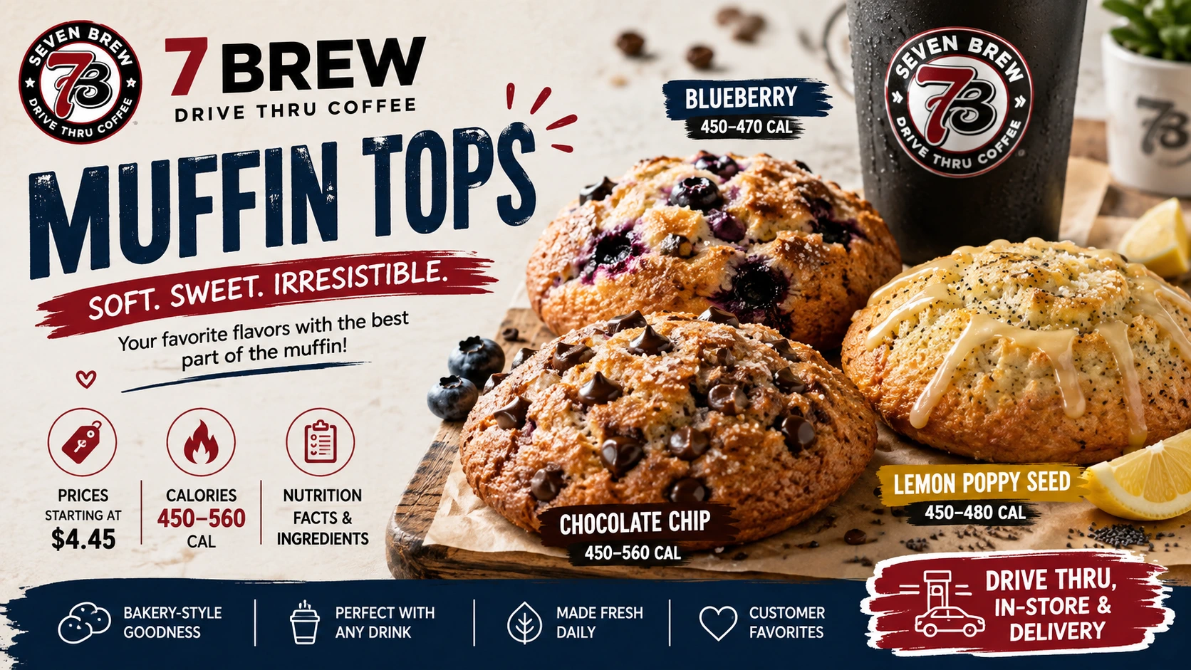 A selection of 7 Brew muffin tops arranged on a tray, showcasing their delicious flavors at the 7 Brew coffee shop.