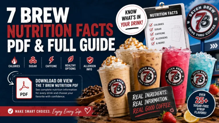 A promotional graphic for 7 Brew Coffee featuring four iced drinks, a 7 Brew nutrition facts clipboard, and text about downloading their nutrition guide PDF.