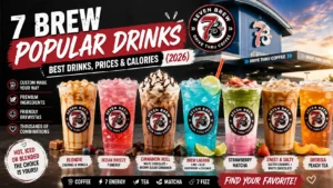 7 Brew popular drinks flyer displaying a variety of beverages, each accompanied by appealing images and brief descriptions.