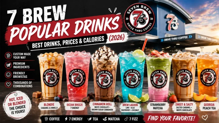 7 Brew popular drinks flyer displaying a variety of beverages, each accompanied by appealing images and brief descriptions.
