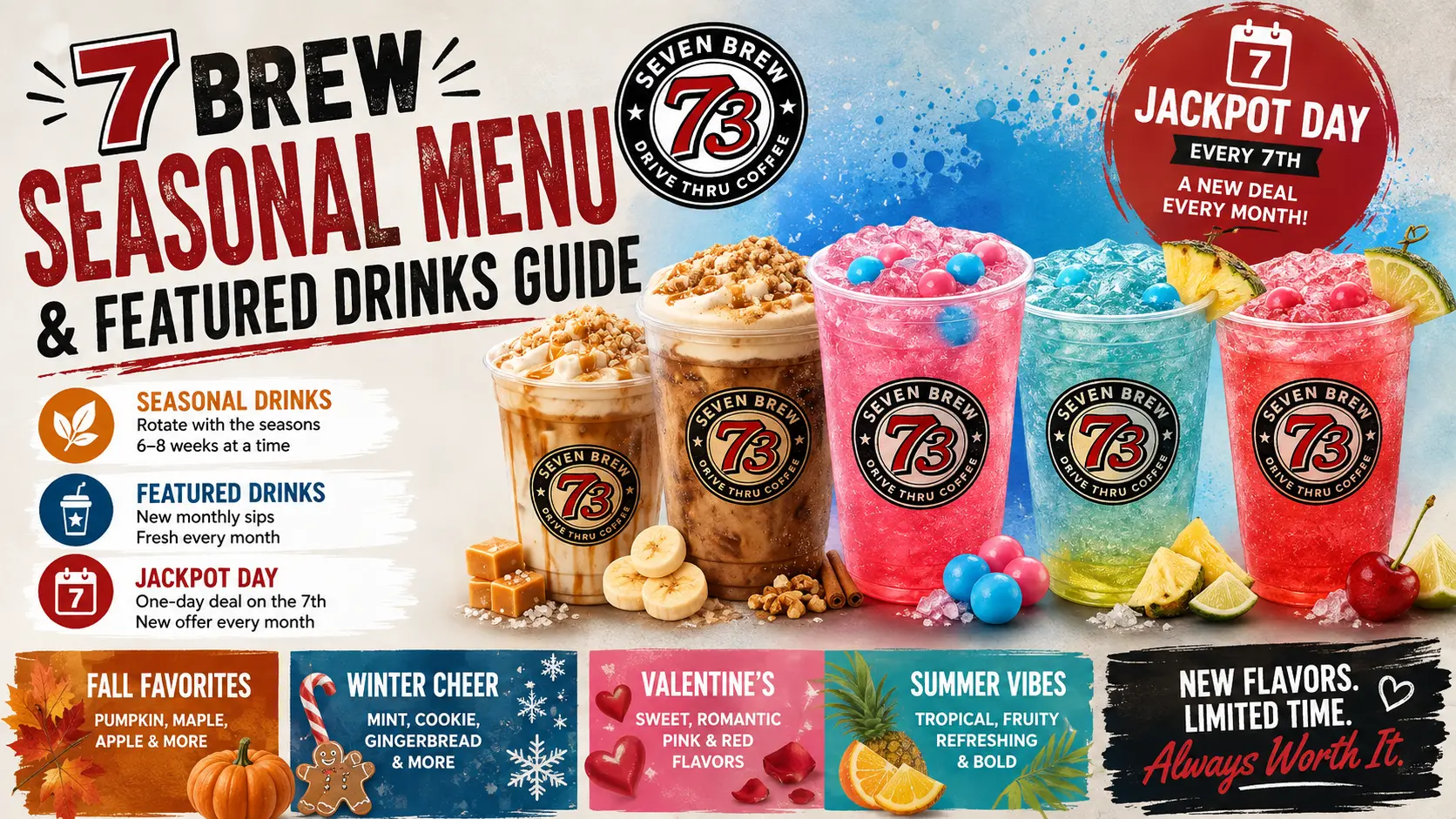 7 Brew Seasonal Menu highlighting various featured beverages with vibrant visuals and enticing descriptions.