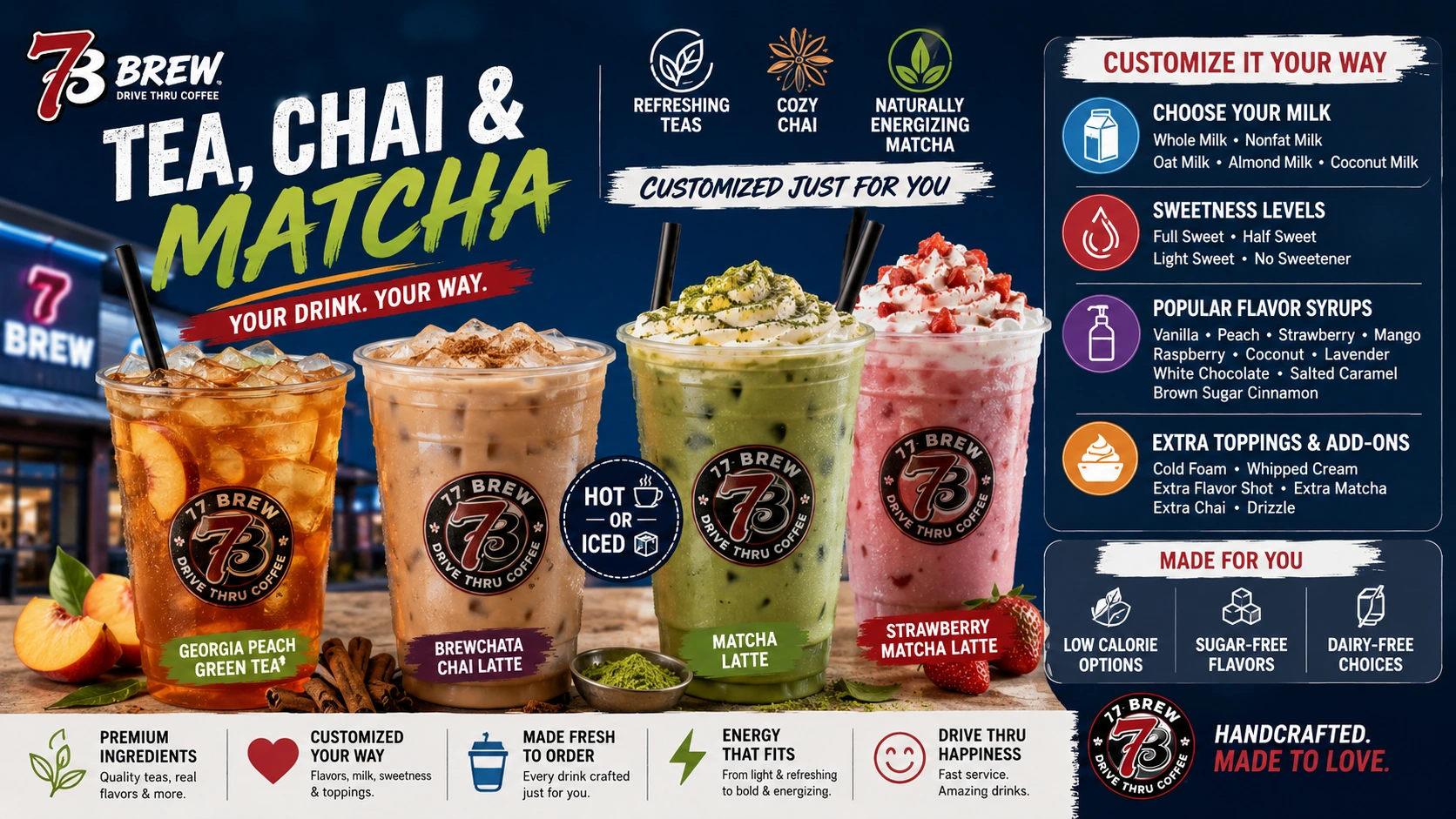 Display of 7 Brew Tea's chai and matcha menu items offered at 7-11 convenience stores.