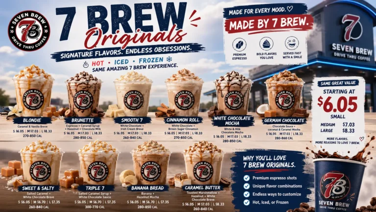 7 Brew originals menu showcasing a variety of specialty coffee drinks and unique flavor options.