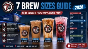 Visual representation of the 7 Brew sizes, detailing the different cup sizes available for drinks.