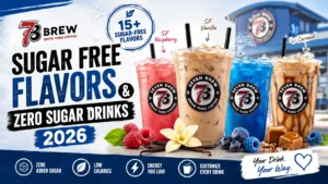 A display of 7 Brew sugar free flavors, showcasing various colorful zero-sugar drinks in clear cups.