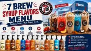 Menu display featuring various flavors of 7 Brew Syrup available for selection.